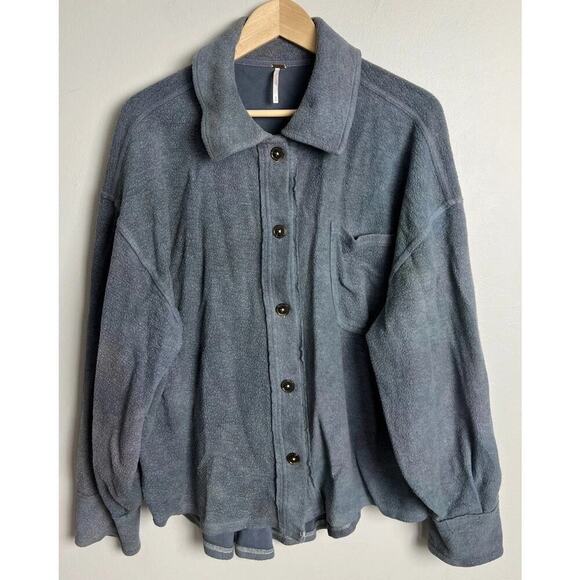 Free People Jackets & Blazers - Free People Slate Blue Fleece Button-Up Shacket Size Medium Oversized Cozy Women